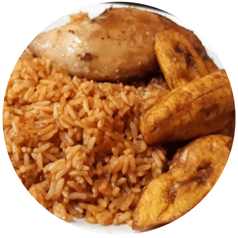 Jollof Rice with Fried Plantain and Assorted Meat Beef or Fried Chicken2